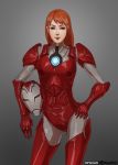  1girl armor blue_eyes breasts female freckles gradient gradient_background hand_on_hip headwear_removed helmet helmet_removed iron_man_(comics) lips long_hair nesoun pepper_potts redhead rescue_(iron_man) smile solo 