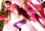  1girl 3boys adkr57 black_hair blonde_hair blood boots crosswalk green_hair hood hoodie kagerou_project kano_shuuya kido_tsubomi konoha_(kagerou_project) long_hair lying multiple_boys pink_eyes red_eyes seto_kousuke short_hair traffic_light 