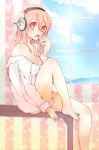  1girl bad_id bottomless breasts cleavage eating fujimaki_yu headphones highres large_breasts long_hair looking_at_viewer macaron naked_shirt nitroplus no_bra open_clothes open_mouth pink_eyes pink_hair shirt solo super_sonico window 