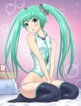  1girl ao_no_mi bed blue_panties blush clock green_eyes green_hair hatsune_miku highres long_hair lowleg lowleg_panties necktie no_pants panties seiza sitting solo thigh-highs twintails underwear vocaloid 