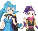  2girls anzu_(pokemon) aqua_hair cape chains clothed_navel cuffs gym_leader handcuffs ibuki_(pokemon) multiple_girls navel pokemon skin_tight two_side_up 