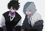  2boys ametaro_(ixxxzu) black_hair black_necktie black_sweater_vest blue_eyes boku_no_hero_academia burn_scar cardigan cheek_piercing dabi_(boku_no_hero_academia) dirty grey_cardigan grey_hair highres male_focus medium_hair multiple_boys multiple_scars necktie red_eyes scar scar_on_face shigaraki_tomura shirt short_hair simple_background spiky_hair staple stapled sweater_vest white_background white_shirt wrinkled_skin 