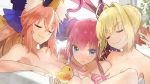  3girls :d ^_^ ahoge animal_ears bathing bathtub blonde_hair blue_eyes braid breasts cleavage closed_eyes elizabeth_bathory_(fate) elizabeth_bathory_(fate)_(all) fate/extra fate/extra_ccc fate_(series) fox_ears french_braid green_eyes hair_intakes horns multiple_girls nero_claudius_(fate) nero_claudius_(fate)_(all) nude open_mouth pink_hair rubber_duck shared_bathing short_hair smile smug tail tamamo_(fate)_(all) tamamo_no_mae_(fate) wada_aruko wet yellow_eyes 