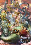  1girl blue_hair breasts dragon fang gloves hair_ornament horns jewelry lamia lots_of_jewelry monster_girl navel official_art tenka_touitsu_chronicle torii under_boob water_dragon watermark xiaji yellow_eyes 