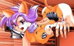  animal_ears armor artist_request blue_sky broken_armor cat_ears cat_tail fang fighting_game furniture hercequary holding house leotard miao_(hercequary) neckerchief open_mouth orange_(color) orange_leotard pc98 purple_hair shattered sky swimsuit tail tree violet_eyes wall window 