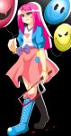    1girl akasode_(tyaramu) balloon blood blood_on_face blue_eyes boots empty_eyes highres long_hair looking_down my_little_pony my_little_pony_equestria_girls my_little_pony_friendship_is_magic open_mouth personification pink_hair pinkie_pie saw 