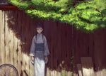  1girl bicycle black_hair board fence ground_vehicle japanese_clothes kimono long_hair original red_eyes shadow solo suzuno_(bookshelf) tree tree_shade wheel wood wooden_fence 