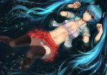  1girl aqua_hair black_legwear bra collarbone dutch_angle expressionless hands_up hatsune_miku highres lace lace-trimmed_bra long_hair looking_at_viewer lying midriff navel on_back open_clothes open_shirt panties pantyshot partially_submerged red_skirt see-through shirt short_sleeves skirt solo thigh-highs underwear upskirt vocaloid water wenhe wet wet_clothes white_bra white_panties white_shirt yellow_eyes 