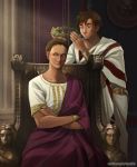  2boys ahoge augustus augustus_caesar axis_powers_hetalia brown_eyes brown_hair civilization_(series) civilization_5 civilization_v crossed_arms crossover laurel_crown looking_away multiple_boys robe roman_clothes roman_empire rome_(hetalia) sherry_lai throne 