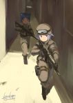  2girls animal_ears armband assault_rifle boots cat_ears fatigues fnc_(upotte!!) galil_ar_(upotte!!) gloves goggles goggles_on_hat gun hallway helmet highres kanokoga military military_uniform multiple_girls pouch red_eyes rifle running short_hair silver_hair sunlight tail uniform upotte!! vest weapon 
