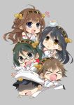  &gt;_&lt; 4girls :d admiral_(kantai_collection) ahoge black_eyes black_hair blue_eyes brown_hair chibi closed_eyes cup glasses haruna_(kantai_collection) hiei_(kantai_collection) kantai_collection kirishima_(kantai_collection) kongou_(kantai_collection) multiple_girls nontraditional_miko open_mouth smile tamaoka_kagari teacup yellow_eyes 