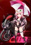  1girl boots brz girls_frontline ground_vehicle highres long_hair motor_vehicle motorcycle pink_eyes pink_hair racequeen thigh-highs thigh_boots ukm-2000 