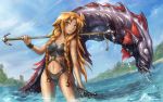  10s 1girl 2013 bikini braid fish fishing_net freckles les_chevaucheurs long_hair maxa&#039; midriff monster navel phenice_walholl polearm redhead river scar solo spear swimsuit water weapon wet 