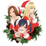  3girls black_hair blonde_hair blue_hair brown_eyes brown_hair christmas double_v emilie_de_rochefort grin hat hawk_(cwmg) kazama_asuka ling_xiaoyu long_hair multiple_girls namco santa_costume santa_hat scrunchie short_hair smile tekken twintails v 