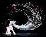  1girl black_background blue_hair bon_nob bottle_miku closed_eyes fish hair_ribbon hatsune_miku liquid_hair long_hair partially_submerged revision ribbon school_uniform see-through serafuku solo splashing very_long_hair vocaloid wading water wet 