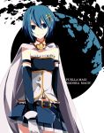  1girl armband belt blue_eyes blue_hair cape etoranze gloves hair_ornament hairclip highres magical_girl mahou_shoujo_madoka_magica mahou_shoujo_madoka_magica_movie midriff miki_sayaka short_hair smile solo soul_gem 