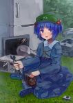  1girl blue_eyes blue_hair blush boots bubble combination_wrench grass hair_bobbles hair_ornament hat highres holding indian_style kawashiro_nitori key long_sleeves machine microwave nattsuhan plant pocket refrigerator rubber_boots shirt short_twintails sitting skirt skirt_set smile solo touhou twintails two_side_up vacuum_cleaner wrench 