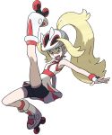  10s 1girl blonde_hair fingerless_gloves full_body gloves green_eyes gym_leader highres koruni_(pokemon) official_art pokemon pokemon_(game) pokemon_xy roller_skates shorts_under_skirt simple_background skates sugimori_ken transparent_background two_side_up white_background wristband 