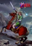  1boy absurdres brown_hair epona fairy fine_art_parody ggg_(gonzalogallianoniz) highres horse instrument light_particles link master_sword napoleon_crossing_the_alps navi ocarina parody riding shield sword the_legend_of_zelda the_legend_of_zelda:_ocarina_of_time weapon 