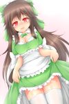  1girl absurdres akkii_(meragold) alternate_costume apron blush bow breasts brown_hair cleavage hair_bow highres maid maid_apron maid_headdress open_mouth red_eyes reiuji_utsuho revision skirt skirt_lift smile solo thigh-highs third_eye touhou wings 
