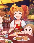  2girls 3boys :d :o ^_^ brown_hair closed_eyes fang flower hair_flower hair_ornament idolmaster idolmaster_million_live! multiple_boys multiple_girls official_art open_mouth smile takatsuki_yayoi tied_hair twintails 