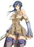  1girl athena_(fire_emblem) bad_anatomy blue_hair breasts fire_emblem fire_emblem:_mystery_of_the_emblem fire_emblem:_shin_ankoku_ryuu_to_hikari_no_tsurugi highres jpeg_artifacts shinon_(tokage_shuryou) solo sword weapon 