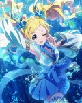 1girl ;d air_bubble artist_request blonde_hair detached_sleeves dress emily_stewart emily_stuart hairband idolmaster idolmaster_million_live! jewelry long_hair looking_at_viewer official_art one_eye_closed open_mouth smile twintails underwater violet_eyes wink 