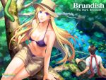  1boy 1girl alternate_costume arm_support artist_request bikini black_hair blonde_hair blue_bra blue_eyes blue_panties bra brandish breasts casual cleavage collarbone company_name copyright_name dela_delon fish forest hat highres lily_pad lipstick long_hair looking_at_viewer makeup nail_polish nature official_art open_fly panties pantyshot pink_lipstick short_hair shorts sitting smile snake sorceress swimsuit unbuttoned underwear unzipped water 