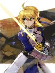  1girl ahoge armor armored_dress artoria_pendragon_(fate) bangs blonde_hair blue_dress blue_ribbon braid dress excalibur_(fate/stay_night) fate/stay_night fate_(series) fighting_stance french_braid gauntlets glowing glowing_weapon green_eyes hair_between_eyes highres holding holding_weapon huge_ahoge long_sleeves melty_blood oni_gini ribbon saber serious shaded_face short_hair solo sword tsukihime weapon white_background wind wind_lift 