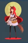  1girl animal_ears basket big_bad_wolf boots cape cloak full_body full_moon grimm&#039;s_fairy_tales highres hood little_red_riding_hood little_red_riding_hood_(grimm) moon original red_cape smile solo tail wolf_ears wolf_tail 