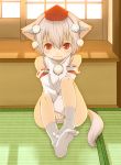  1girl animal_ears bad_feet bare_legs blush detached_sleeves haragon hat inubashiri_momiji no_pants panties red_eyes short_hair silver_hair socks solo tail tokin_hat touhou underwear white_legwear white_panties wolf_ears wolf_tail 