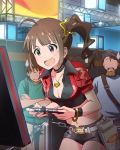  1girl 3boys :d ahoge bandai_namco bracelet breasts brown_hair character_name choker cleavage crop_top d: idolmaster idolmaster_million_live! jewelry midriff multiple_boys navel necklace official_art open_mouth pendant playing_games shorts side_ponytail smile sweatdrop video_game violet_eyes wristband yokoyama_nao 