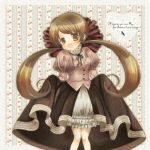  1girl aoyama_homare brown_hair cherry_print cute dress knees_together long_hair long_sleeves looking_at_viewer neck_ribbon original puffy_sleeves ribbon skirt skirt_lift smile solo twintails very_long_hair 