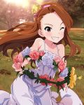  1girl artist_request brown_hair flower hair_flower hair_ornament hairband idolmaster idolmaster_million_live! long_hair minase_iori official_art one_eye_closed pink_eyes solo tree wink 