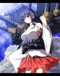  1girl bare_shoulders black_hair blush breasts cannon clouds detached_sleeves fusou_(kantai_collection) hair_ornament highres japanese_clothes kantai_collection large_breasts long_hair nontraditional_miko personification red_eyes rrw_(wrwrwr54) skirt sky smile solo turret wrwr 