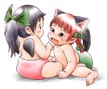  2girls animal_ears baby black_hair black_wings blush bow braid cat_ears cat_tail child chinon extra_ears hair_bow kaenbyou_rin long_hair multiple_girls multiple_tails open_mouth ponytail redhead reiuji_utsuho tail topless touhou wings younger 