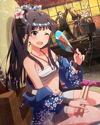  2boys 2girls ;d artist_request black_hair blue_eyes fan happi idolmaster idolmaster_million_live! japanese_clothes jpeg_artifacts mogami_shizuka momose_rio multiple_boys multiple_girls musical_note official_art one_eye_closed open_mouth paper_fan ponytail sarashi smile uchiwa wink 