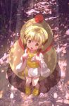  1girl blonde_hair carrying copyright_request full_body gourd japanese_clothes kimono knees_together_feet_apart looking_at_viewer manyuuki nyan_nyan outdoors oversized_object shoes short_hair short_kimono smile solo tsukumo 