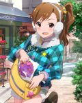  1girl :d bag blush brown_eyes brown_hair earmuffs fur_trim futami_mami idolmaster idolmaster_million_live! jacket jpeg_artifacts looking_at_viewer official_art open_mouth outdoors palid plaid_jacket plant potted_plant shorts side_ponytail smile tablecloth 