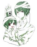  2boys akkirarara aojiru_(yume_2kki) dual_persona green_hair holding intravenous_drip male multiple_boys pajamas red_eyes simple_background skull_and_crossbones smile yume_2kki 