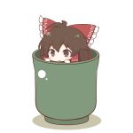  1girl :&lt; beni_shake bow brown_eyes brown_hair cup hair_bow hair_tubes hakurei_reimu in_container in_cup simple_background solo touhou white_background 