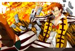  1boy brown_hair couch formal glasses grin kill_la_kill male_focus money orange_hair scarf shigumi_(mk717) smile solo suit takarada_kaneo vertical_stripes 