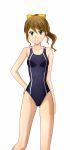  1girl blush bow brown_hair clothed_navel competition_swimsuit covered_navel green_eyes gundam gundam_build_fighters hair_bow hand_on_hip highres kenken one-piece_swimsuit ootake_akemi ponytail simple_background smile solo swimsuit white_background 