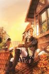  2boys balcony black_hair blonde_hair boots brown_boots building crop_top flower full_body glass house jean_kirchstein knee_boots looking_afar male_focus multiple_boys outdoors pants plant potted_plant railing ritsuko_(rittii) rooftop rose shingeki_no_kyojin sitting sunlight sunset thigh_strap tile_roof uniform window 