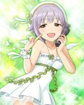  1girl :d artist_request brown_eyes idolmaster idolmaster_cinderella_girls index_finger_raised jewelry koshimizu_sachiko microphone necklace official_art open_mouth purple_hair short_hair smile tagme 