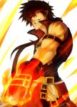  1boy brown_hair fingerless_gloves fire ganagoa gloves guilty_gear guilty_gear_xrd highres long_hair muscle ponytail red_eyes sol_badguy solo 
