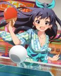  1girl :d aqua_eyes ball black_hair blush bracelet breasts character_name cleavage earrings fang ganaha_hibiki idolmaster idolmaster_million_live! japanese_clothes jewelry kimono long_hair looking_at_viewer official_art open_mouth paddle ponytail smile solo table_tennis table_tennis_ball table_tennis_paddle yukata 