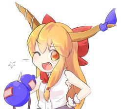  1girl bow gourd hair_bow horn_ribbon horns ibuki_suika long_hair open_mouth orange_hair red_eyes ribbon solo touhou wink wool_(miwol) 