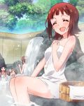  4girls ^_^ amami_haruka brown_hair closed_eyes green_eyes hakozaki_serika idolmaster idolmaster_million_live! lens_flare looking_at_viewer mogami_shizuka multiple_girls naked_towel o_o official_art onsen open_mouth ribbon short_hair smile sweatdrop towel wavy_mouth 