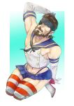  1boy absurdres beard big_boss blue_eyes brown_hair cosplay crossdressinging elbow_gloves eyepatch facial_hair gloves headband highleg highleg_panties highres ikuyoan kantai_collection male_focus metal_gear_(series) metal_gear_solid monochrome panties shimakaze_(kantai_collection) shimakaze_(kantai_collection)_(cosplay) skirt solo striped striped_legwear thigh-highs underwear 